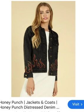 Honey Punch Black Denim Jacket with Red Flame Embroidery